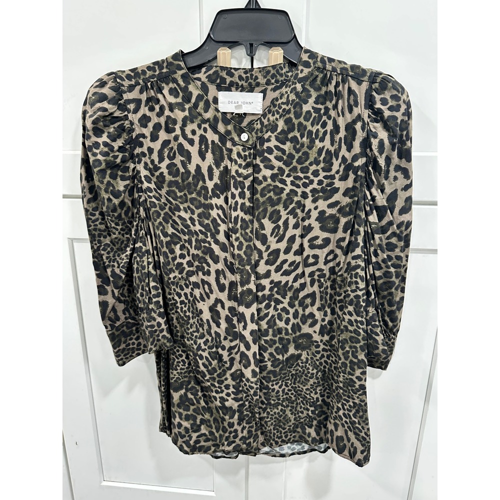 Dear John Leopard Print Puff Sleeve Blouse Olive Green Brown Rayon Top Large‎